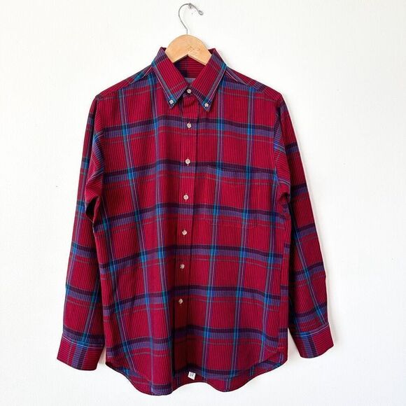 Pendleton Men’s Vintage Vertical Stripe Plaid Candy Apple Red Virgin Wool Button - Picture 1 of 8